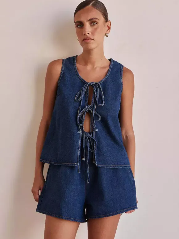 Two Piece Sets Blue Casual Street Wear Cotton Jewel Neck Sleeveless Pant Set