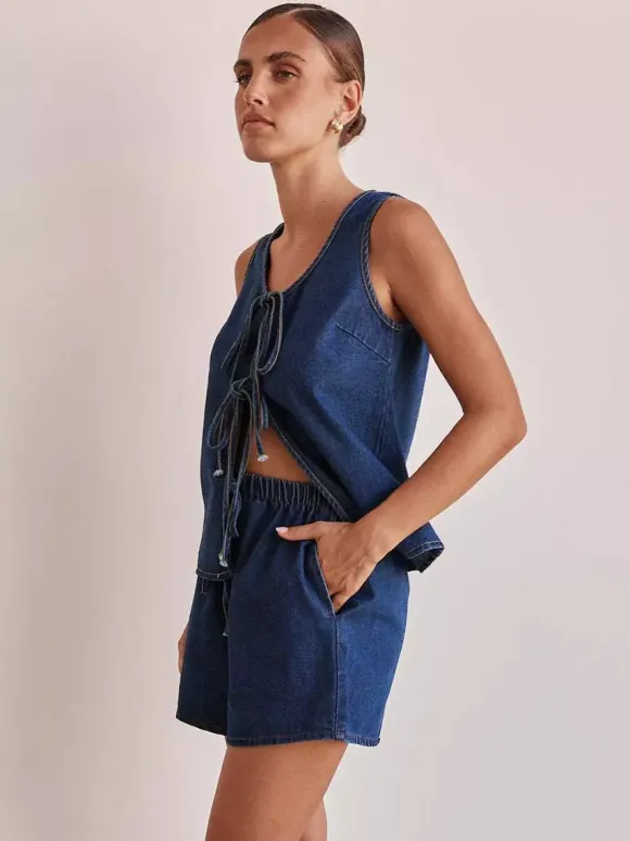 Two Piece Sets Blue Casual Street Wear Cotton Jewel Neck Sleeveless Pant Set