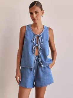 Two Piece Sets Blue Casual Street Wear Cotton Jewel Neck Sleeveless Pant Set