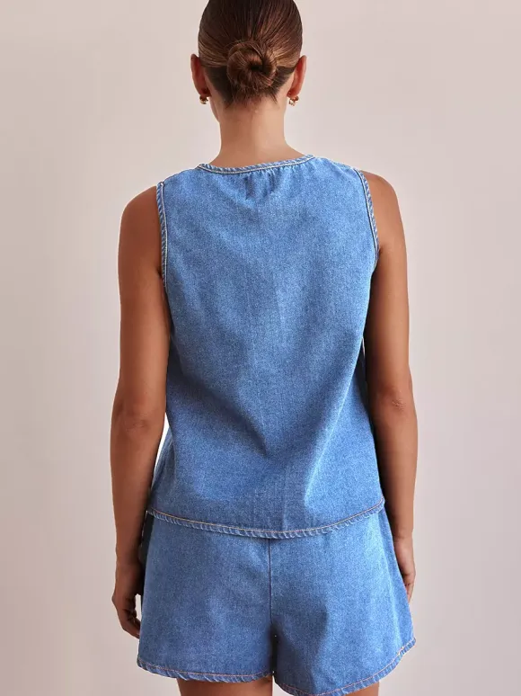 Two Piece Sets Blue Casual Street Wear Cotton Jewel Neck Sleeveless Pant Set