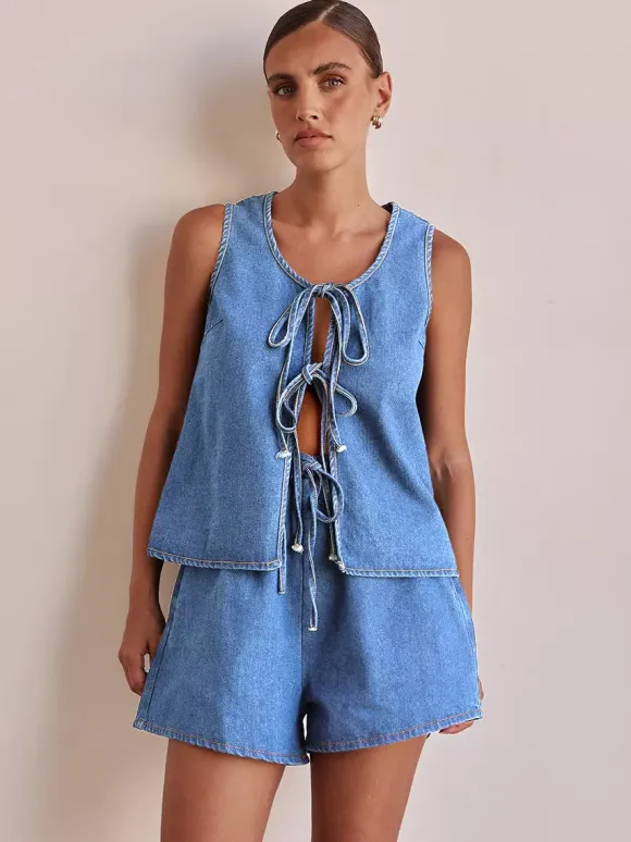 Two Piece Sets Blue Casual Street Wear Cotton Jewel Neck Sleeveless Pant Set