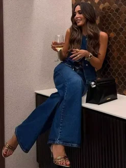 Two Piece Sets Blue Chic Street Wear Jewel Neck Sleeveless Pant Set