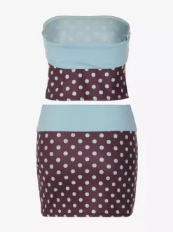 Two Piece Sets Blue Polka Dot Daily Casual Polyester Casual Strapless Sleeveless Skirt Set