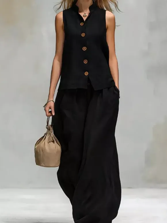 Two Piece Sets Brown Chic Daily Casual Cotton Linen Stand Collar Sleeveless Pant Set