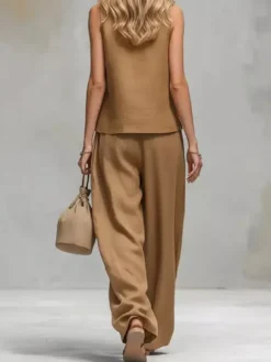 Two Piece Sets Brown Chic Daily Casual Cotton Linen Stand Collar Sleeveless Pant Set