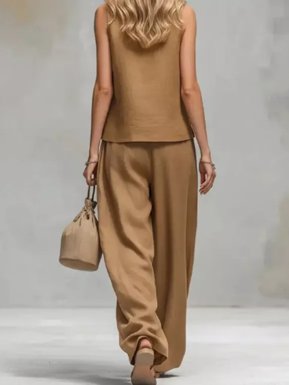 Two Piece Sets Brown Chic Daily Casual Cotton Linen Stand Collar Sleeveless Pant Set