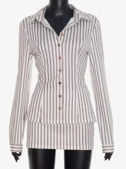 Two Piece Sets Brown Elegant Stripes Party Turndown Collar One Sleeve Long Sleeves Skirt Set