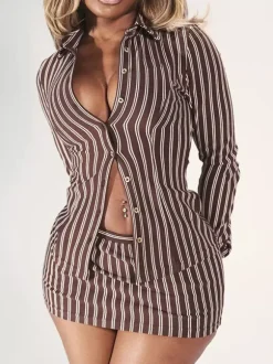Two Piece Sets Brown Elegant Stripes Party Turndown Collar One Sleeve Long Sleeves Skirt Set