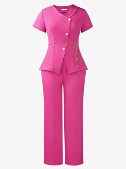 Two Piece Sets Burgundy Chic Daily Casual Chains Polyester V-Neck T-Shirt Sleeves Short Sleeves Pant Set