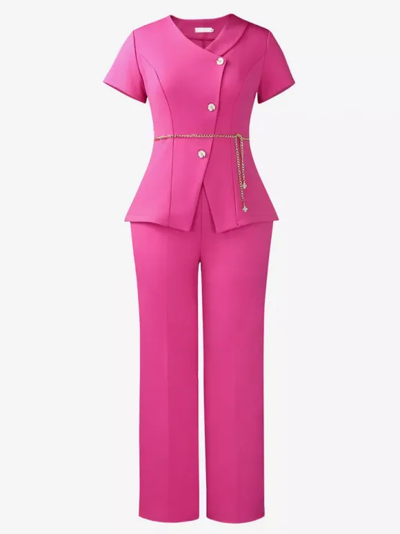 Two Piece Sets Burgundy Chic Daily Casual Chains Polyester V-Neck T-Shirt Sleeves Short Sleeves Pant Set