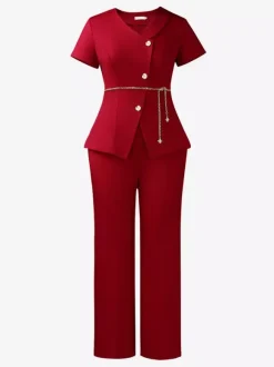Two Piece Sets Burgundy Chic Daily Casual Chains Polyester V-Neck T-Shirt Sleeves Short Sleeves Pant Set