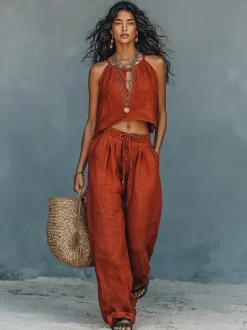 Two Piece Sets Burgundy Chic Daily Casual Cut Out Cowl Neck Sleeveless Pant Set