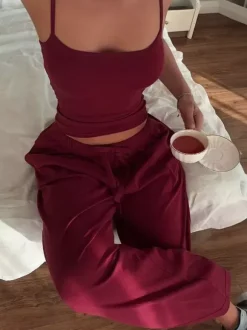 Two Piece Sets Burgundy Daily Casual Straps Neck Sleeveless Casual Pant Set