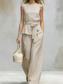 Two Piece Sets Chocolate Chic Street Wear Sash Polyester Jewel Neck Sleeveless Pant Set