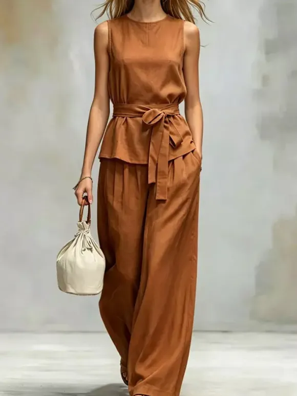 Two Piece Sets Chocolate Chic Street Wear Sash Polyester Jewel Neck Sleeveless Pant Set