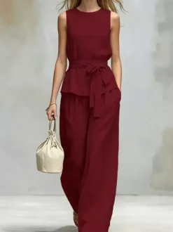 Two Piece Sets Chocolate Chic Street Wear Sash Polyester Jewel Neck Sleeveless Pant Set