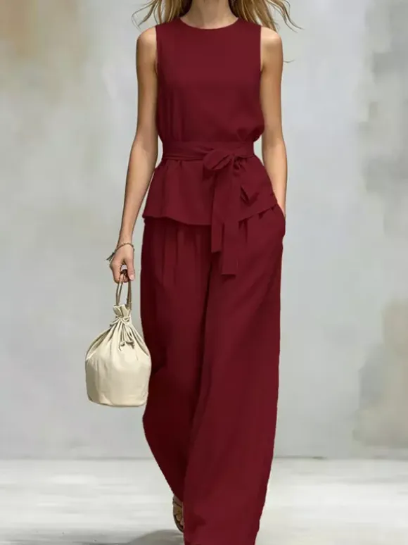 Two Piece Sets Chocolate Chic Street Wear Sash Polyester Jewel Neck Sleeveless Pant Set