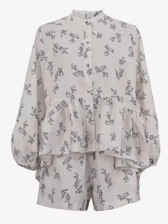 Two Piece Sets Ecru White Chic Printed Street Wear Jewel Neck Puff Sleeves Long Sleeves Pant Set