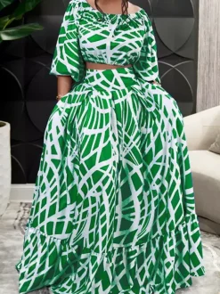 Two Piece Sets Green Elegant Beach Jewel Neck Puff Sleeves Half Sleeves Skirt Set