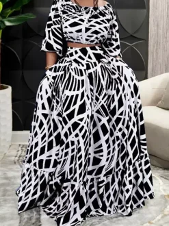 Two Piece Sets Green Elegant Beach Jewel Neck Puff Sleeves Half Sleeves Skirt Set