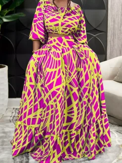 Two Piece Sets Green Elegant Beach Jewel Neck Puff Sleeves Half Sleeves Skirt Set