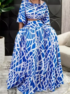 Two Piece Sets Green Elegant Beach Jewel Neck Puff Sleeves Half Sleeves Skirt Set