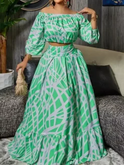 Two Piece Sets Green Elegant Beach Jewel Neck Puff Sleeves Half Sleeves Skirt Set