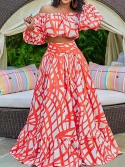 Two Piece Sets Green Elegant Beach Jewel Neck Puff Sleeves Half Sleeves Skirt Set