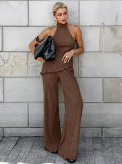 Two Piece Sets Green Halter Backless Sleeveless Top Pant Set