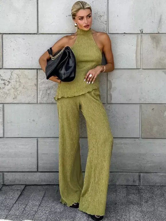 Two Piece Sets Green Halter Backless Sleeveless Top Pant Set