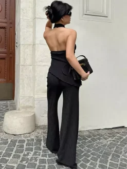 Two Piece Sets Green Halter Backless Sleeveless Top Pant Set