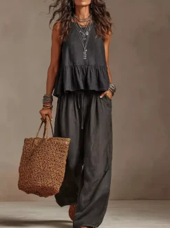 Two Piece Sets Ivory Jewel Neck Sleeveless Bohemian Tank Top Wide Leg Pant Set