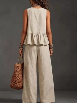 Two Piece Sets Ivory Jewel Neck Sleeveless Bohemian Tank Top Wide Leg Pant Set