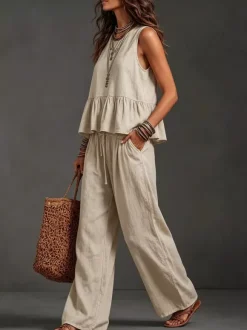 Two Piece Sets Ivory Jewel Neck Sleeveless Bohemian Tank Top Wide Leg Pant Set