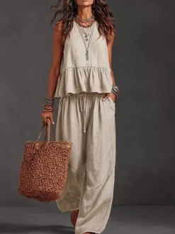 Two Piece Sets Ivory Jewel Neck Sleeveless Bohemian Tank Top Wide Leg Pant Set