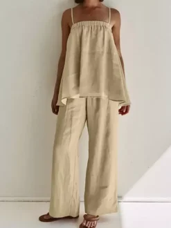 Two Piece Sets Khaki Casual Street Wear Straps Neck Sleeveless Pant Set