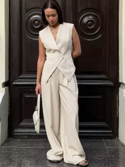 Two Piece Sets Khaki Chic Daily Casual Linen V-Neck Sleeveless Top Pant Set