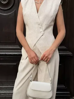 Two Piece Sets Khaki Chic Daily Casual Linen V-Neck Sleeveless Top Pant Set