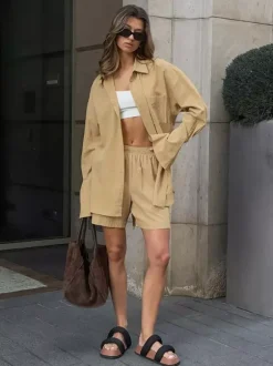 Two Piece Sets Khaki Chic Street Wear Cotton Linen Turndown Collar Long Sleeves Pant Set