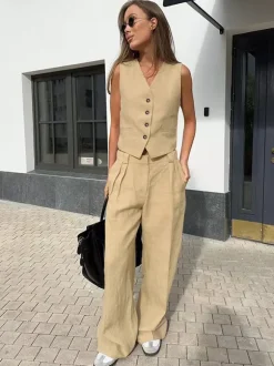 Two Piece Sets Khaki Street Wear V-Neck Sleeveless Top Pant Set