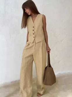 Two Piece Sets Khaki Street Wear V-Neck Sleeveless Top Pant Set