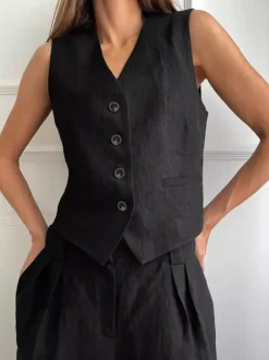 Two Piece Sets Khaki Street Wear V-Neck Sleeveless Top Pant Set