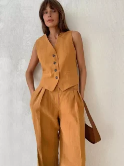 Two Piece Sets Khaki Street Wear V-Neck Sleeveless Top Pant Set