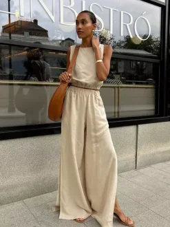 Two Piece Sets Khaki Street Wear Cotton Jewel Neck Sleeveless Chic Pant Set