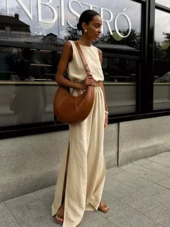 Two Piece Sets Khaki Street Wear Cotton Jewel Neck Sleeveless Chic Pant Set