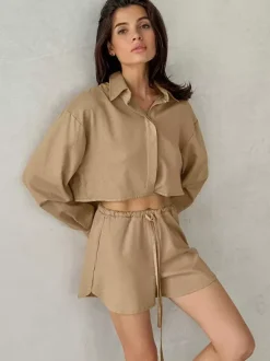 Two Piece Sets Khaki Street Wear Linen Turndown Collar Long Sleeves Pant Set