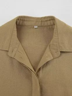 Two Piece Sets Khaki Street Wear Linen Turndown Collar Long Sleeves Pant Set