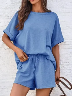 Two Piece Sets Khaki Street Wear Jewel Neck T-Shirt Sleeves Short Sleeves Casual Pant Set