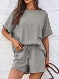 Two Piece Sets Khaki Street Wear Jewel Neck T-Shirt Sleeves Short Sleeves Casual Pant Set