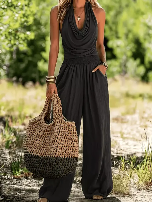 Two Piece Sets Olive Bohemian Cowl Neck Sleeveless Tank Wide Leg Pant Set